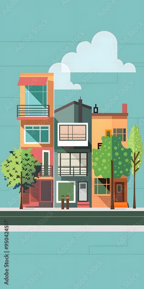 Sticker Modern Townhouses with Green Trees Illustration