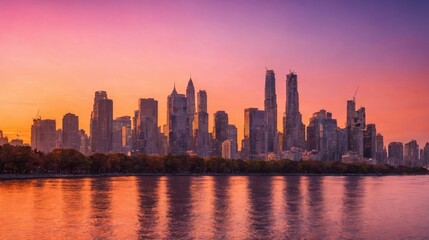 Fototapeta premium A stunning city skyline at sunset with tall skyscrapers and a dramatic, colorful sky. The warm hues of orange and purple blend seamlessly, casting a serene glow over the urban landscape.