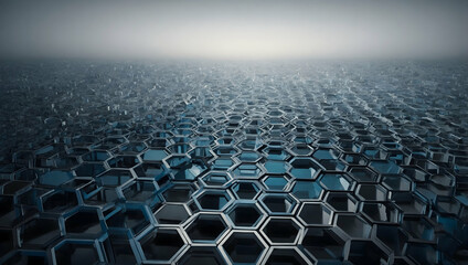 Fototapeta premium Abstract Geometric Hexagon Grid: A mesmerizing abstract background with a close-up view of a metallic hexagonal grid, shimmering in a cool blue and gray color scheme. 