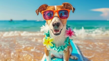 jack russell dog at the beach with a surfboard wearing sunglasses and flower chain at the ocean shore