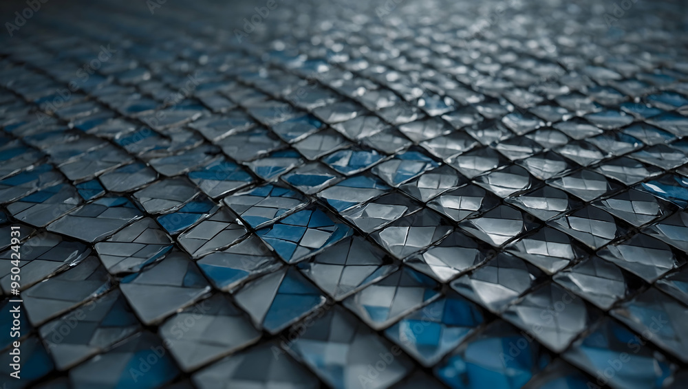 Poster azure mosaic waves: a mesmerizing pattern of blue and gray triangular tiles forms a dynamic, wave-li
