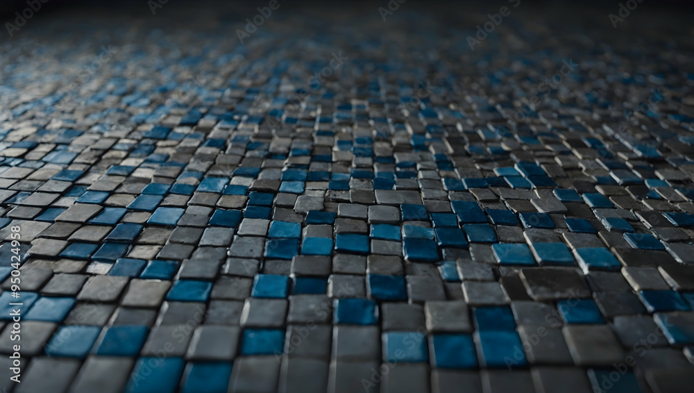 Poster azure mosaic waves: a mesmerizing pattern of blue and gray triangular tiles forms a dynamic, wave-li