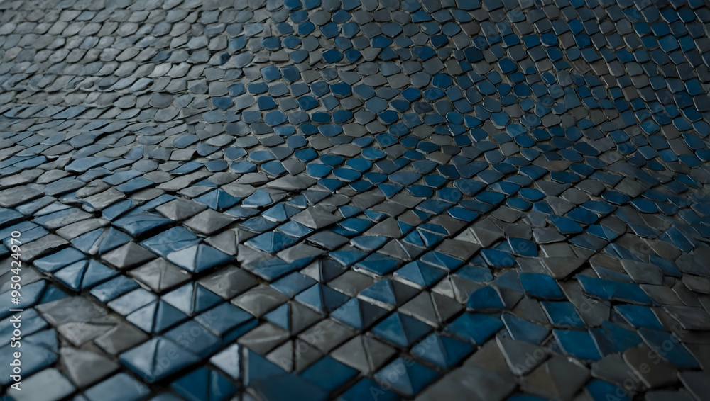 Poster azure mosaic waves: a mesmerizing pattern of blue and gray triangular tiles forms a dynamic, wave-li