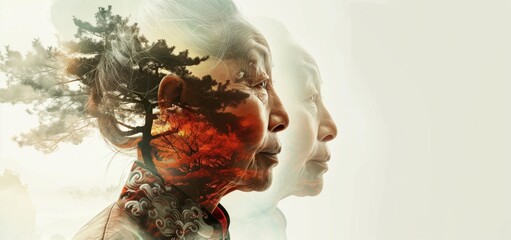 Dreamlike artistic double exposure of elderly Asian woman and natural landscape featuring tree and sunset.