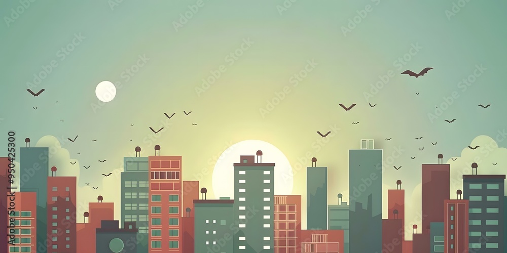 Poster Cityscape Illustration with Bats and Sun