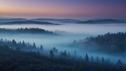 Misty Mountain Majesty: An ethereal panorama of a mountain range shrouded in a mystical blanket of fog, casting an enchanting spell over the tranquil landscape. 