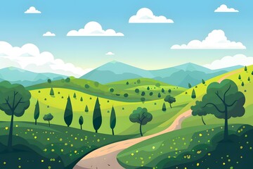 Obraz premium Cartoon Landscape with Green Hills and Winding Path