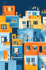 Colorful Buildings with People on Balconies Illustration