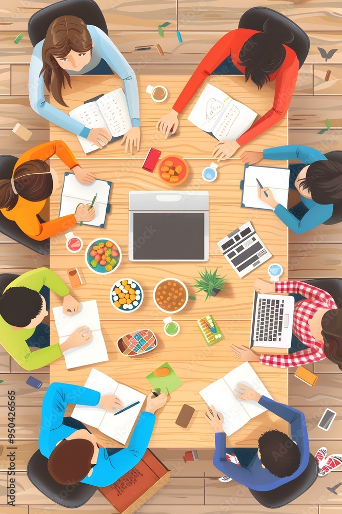 Sticker Group of People Working at a Table with Snacks and Drinks