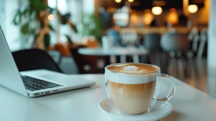 Fototapeta premium A cup of coffee sits on a table next to a laptop