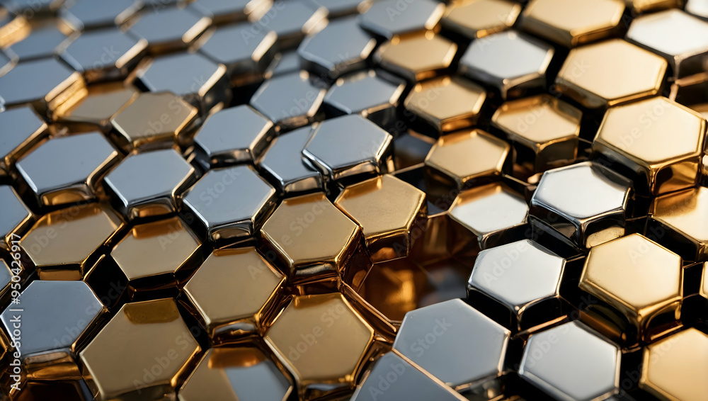 Poster golden hexagon abstract: a mesmerizing, close-up abstract image of a chrome and gold geometric patte