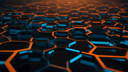 Obraz premium Abstract Hexagon Pattern with Glowing Edges: A mesmerizing background of vibrant geometric shapes, showcasing a captivating pattern of black hexagons with glowing orange and blue edges