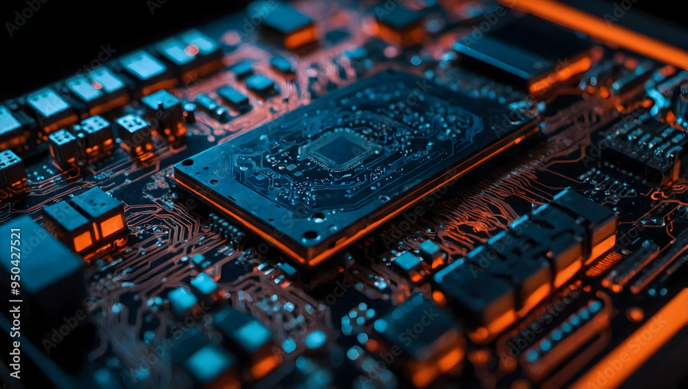 Poster glowing core: a close-up view of a futuristic circuit board with a powerful central processing unit 