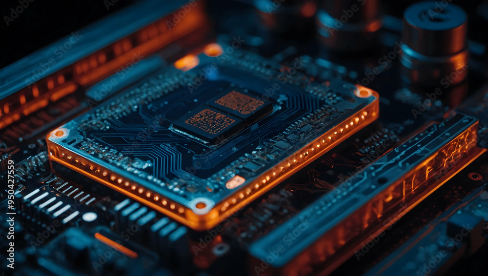 Poster glowing core: a close-up view of a futuristic circuit board with a powerful central processing unit 