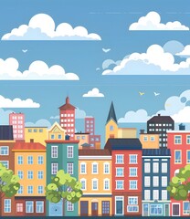 Naklejka premium Colorful Cityscape With Blue Sky And Fluffy Clouds Illustration