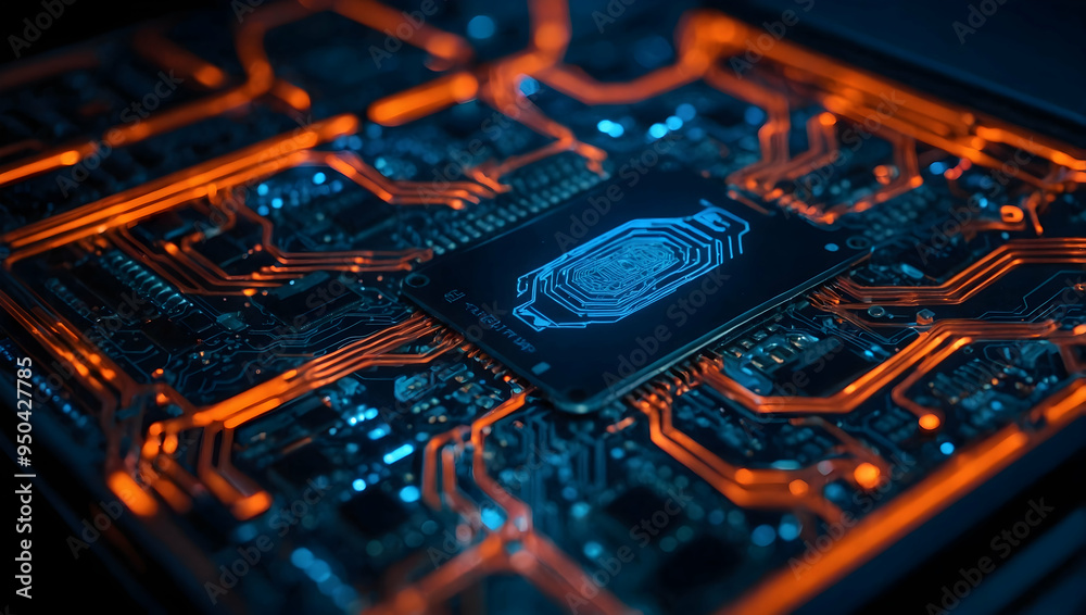Poster glowing core: a close-up view of a futuristic circuit board with a powerful central processing unit 