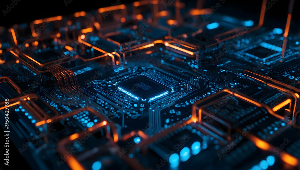 Poster glowing core: a close-up view of a futuristic circuit board with a powerful central processing unit 