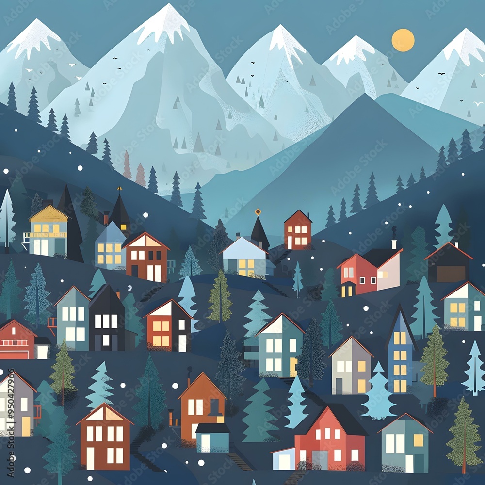 Poster winter mountain village illustration