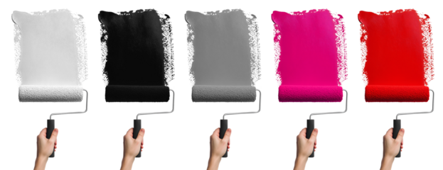 Set of hand painting holding roller brush with streak smear paint colours of black, white, grey, red, pink on transparent cutout PNG. Mockup template for artwork design	
