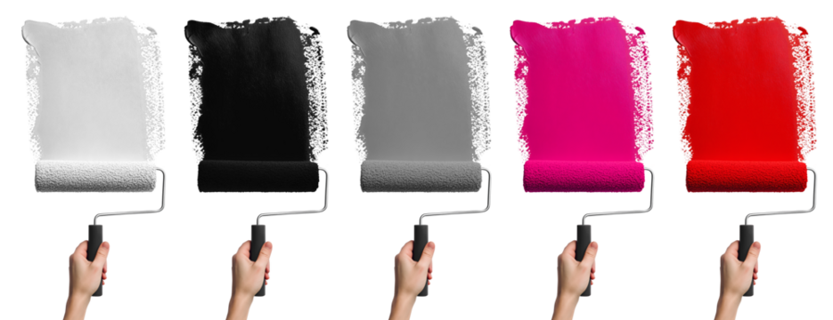 Set of hand painting holding roller brush with streak smear paint colours of black, white, grey, red, pink on transparent cutout PNG. Mockup template for artwork design	
