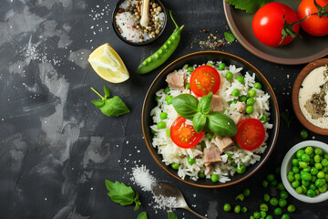 cold rice salad with tuna, top view