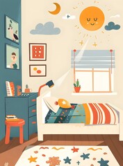 Cute Cartoon Illustration of a Bedroom with a Bed, Window, and Sun