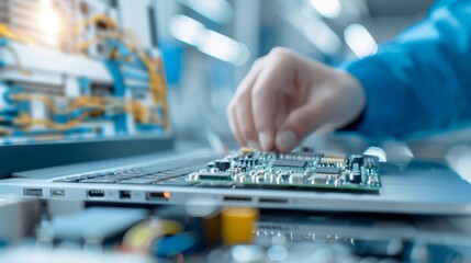 A person is working on a laptop computer, touching the screen