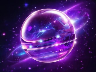 Radiant 3D holographic planet, neon purple glow, floating in deep space, detailed with star clusters and light flares.