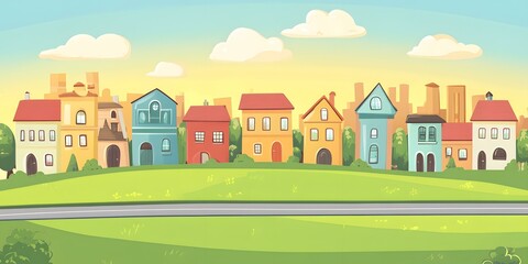 Cartoon Illustration of a Cute Little Town with Colorful Houses