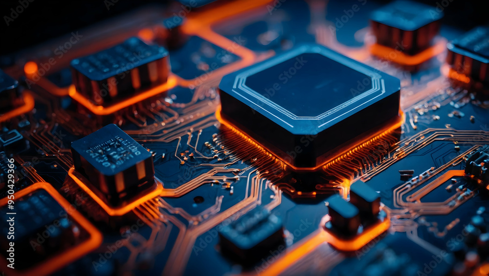 Poster glowing core: a close-up view of a futuristic circuit board with a powerful central processing unit 