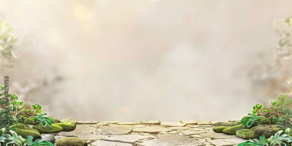 Poster Stone Path with Green Plants and Blurred Background