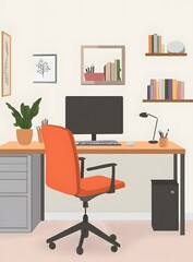Modern Home Office Workspace with Desk, Computer and Chair
