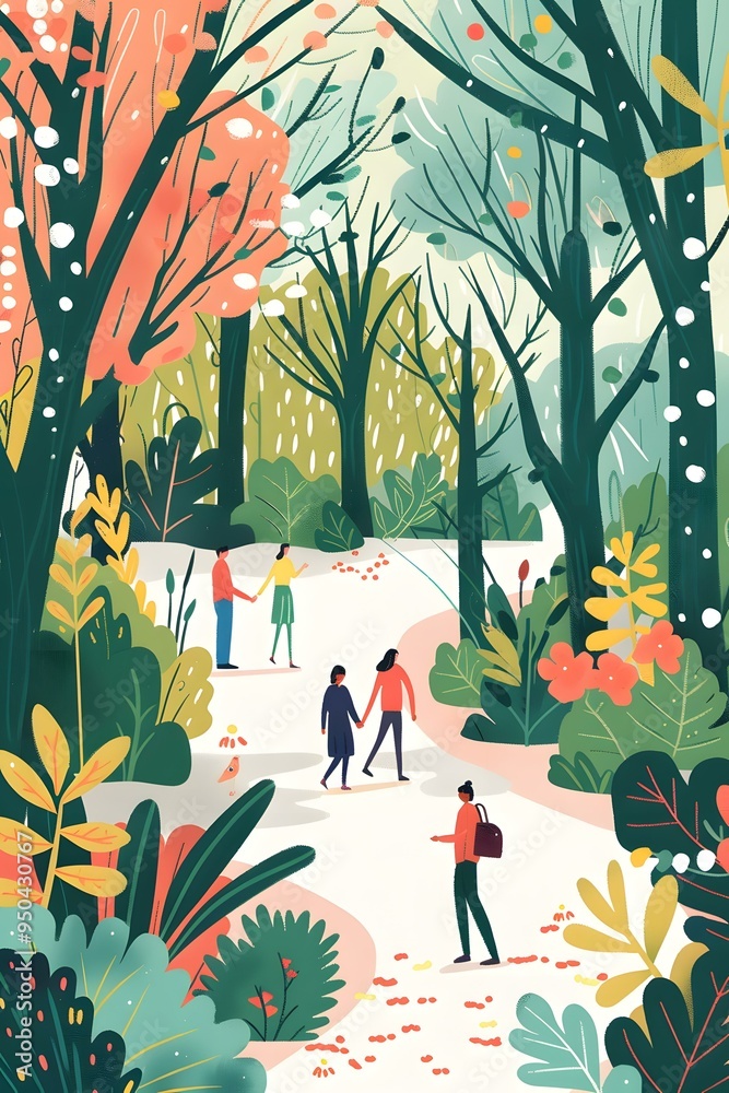 Wall mural walking through colorful forest illustration