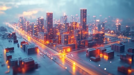 Futuristic glowing cityscape with illuminated skyscrapers during evening time. cyberpunk concept with dynamic lighting.