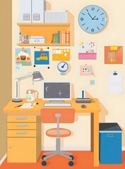 Simple Illustration of a Home Office Desk with a Computer, Books, and a Clock