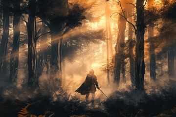 Epic Medieval Warrior in Enchanted Forest at Sunrise with Mist and Sunrays