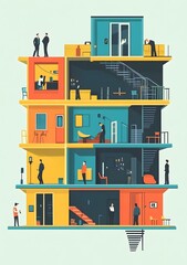 Modern Building Illustration with People Inside