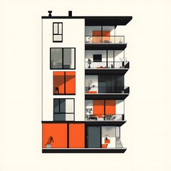 Modern Apartment Building with Orange Accents and Balconies