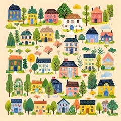 Colorful Houses and Trees in a Row