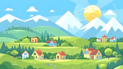 Beautiful Mountains and Green Hills With Houses Illustration