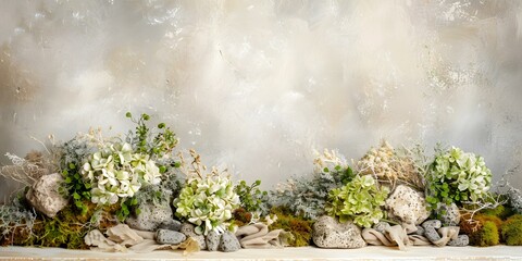 Fototapeta premium Green Flowers And Stones Against A White Wall