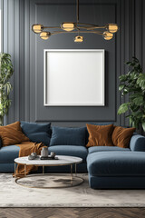 Scandinavian apartment with furniture and plants, mockup with one white photo frame in the background, soft lighting