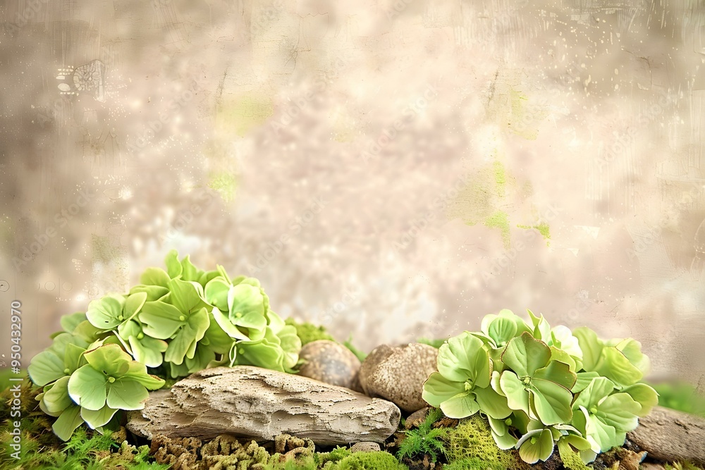 Sticker green hydrangeas and stones on moss background