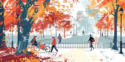 Autumn Day in the Park with People Walking and Biking