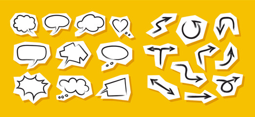Hand drawn speech bubbles, arrows. Grunge isolated social media stickers. Paper clippings. Editable