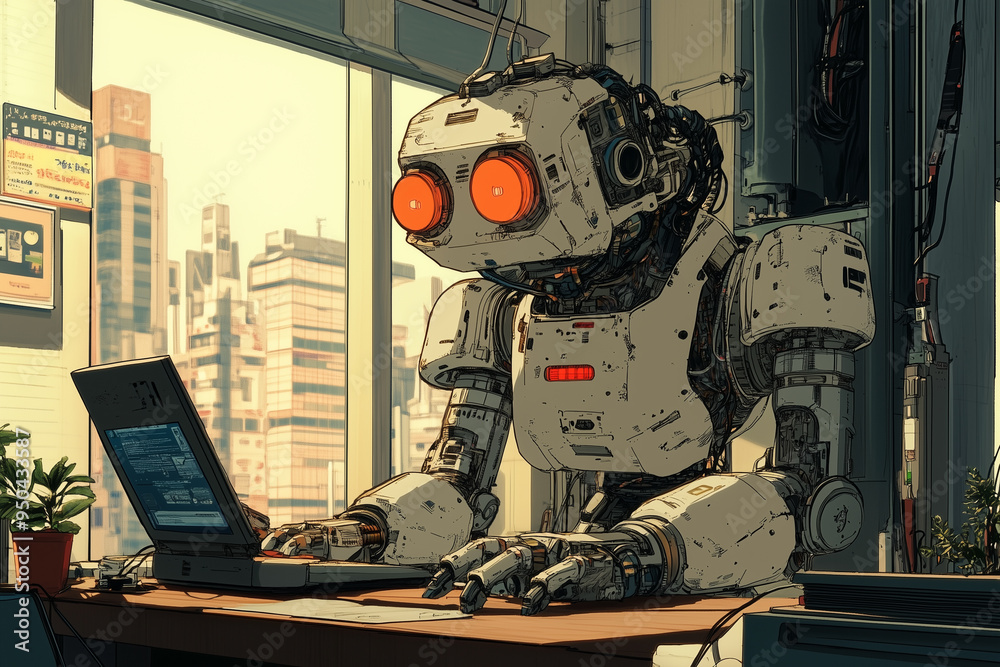 Poster retro-styled robot with glowing red eyes working on a laptop in a modern office setting, with a cityscape visible through the window.