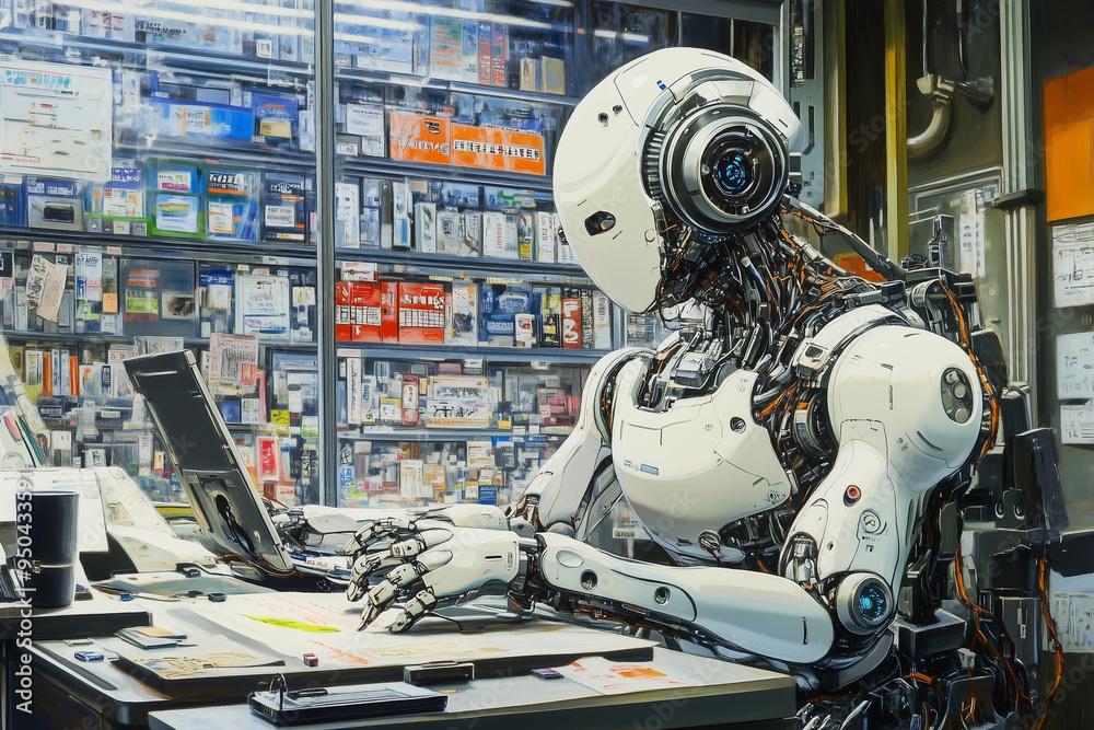 Poster a futuristic humanoid robot working on a laptop in a technology-filled workspace, surrounded by elec