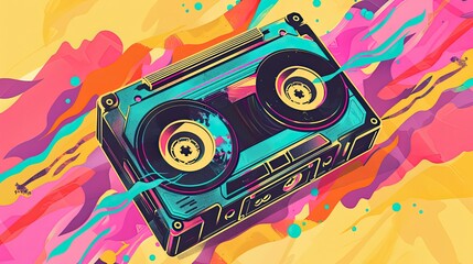 Colorful retro cassette tape illustration with a vibrant, abstract pop art background.