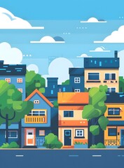 Illustration of a Suburban Street with Colorful Houses and a Blue Sky