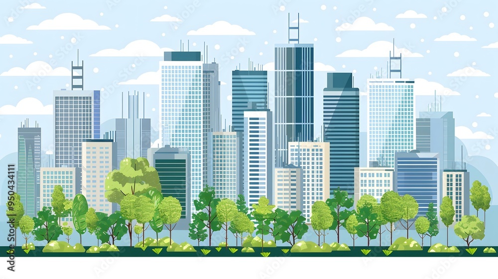 Poster Cityscape with Green Trees and Blue Sky